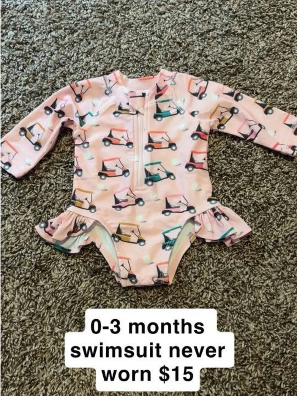 Pink Baby Long-Sleeve Ruffle Swimsuit with Golf Cart Print
