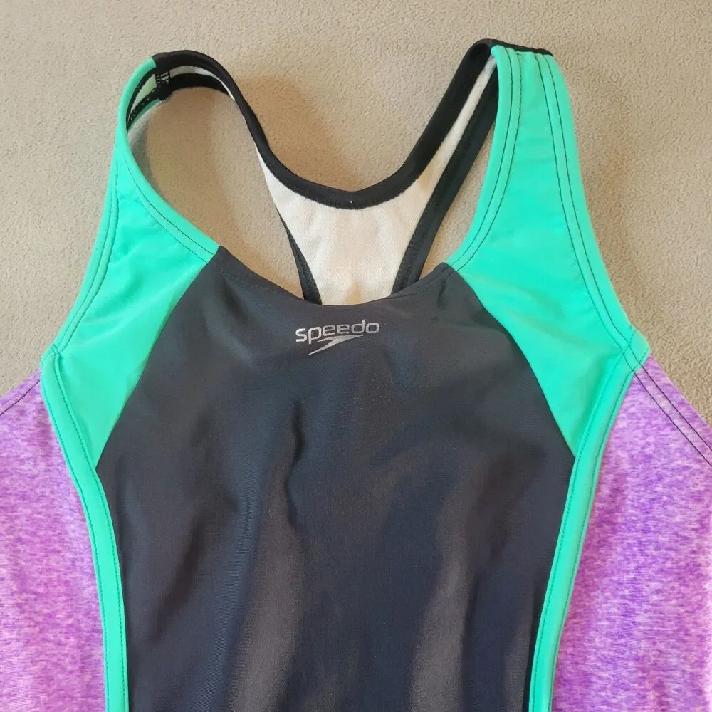 Speedo Girl’s One Piece Infinity Splice Thick Strap Size L Purple Green Racerbk
