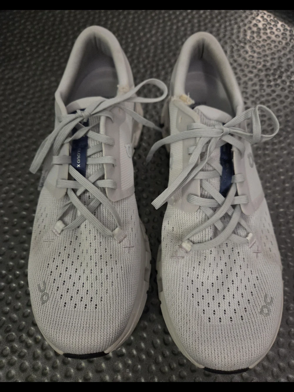 On Running Sneakers in Light Gray with Navy Tongue Accents