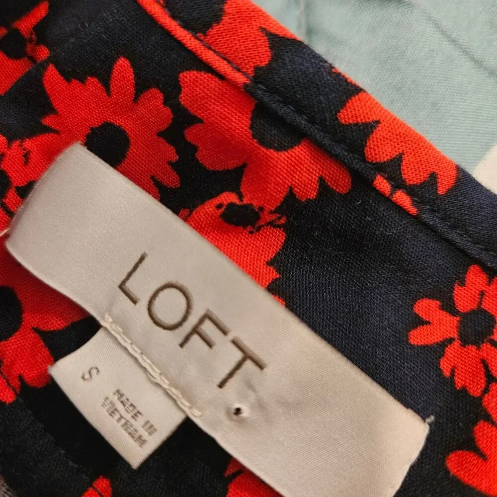 LOFT Navy Red Floral Puff Sleeve Blouse Women’s Small Peasant Boho Top