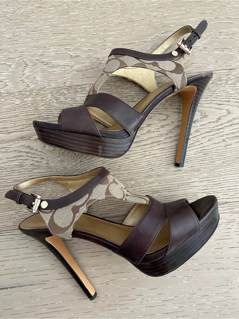 Coach Brown Leather Dita Platform Sandals High Heels w/ Logo Sz 8.5
