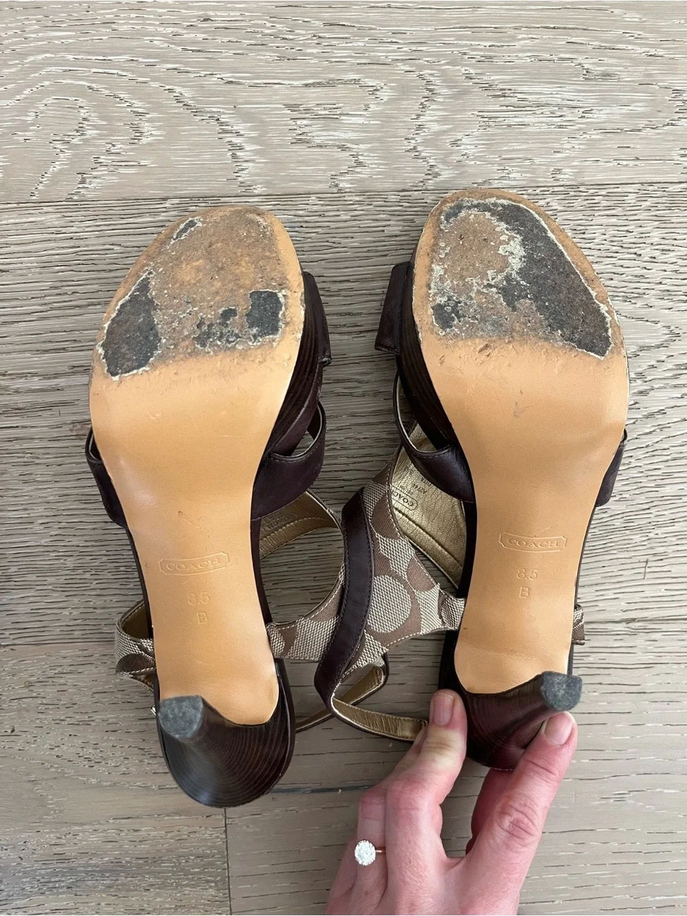 Coach Brown Leather Dita Platform Sandals High Heels w/ Logo Sz 8.5