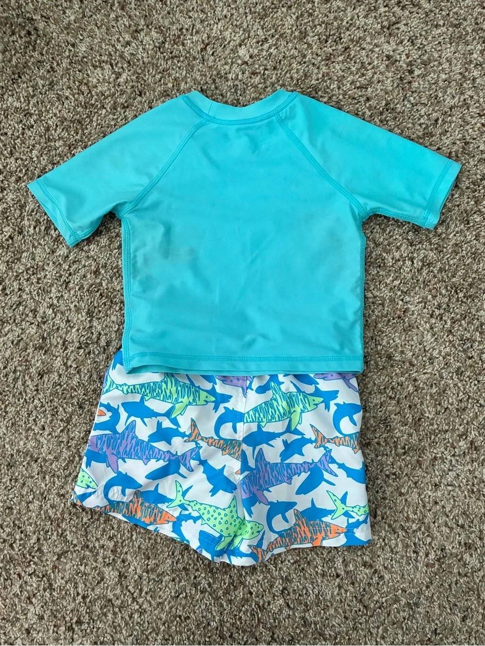2T Turquoise Short-Sleeve Rash Guard with Shark-Print Swim Trunks