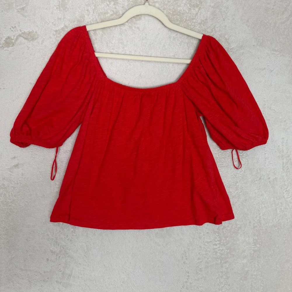 Old Navy Womens Red Slub Cotton Puff Sleeve Square Neck Blouse Top Medium NEW