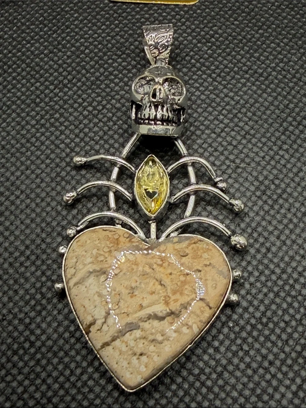 Sterling Silver Skull & Heart Pendant with Jasper and Citrine3.10”
