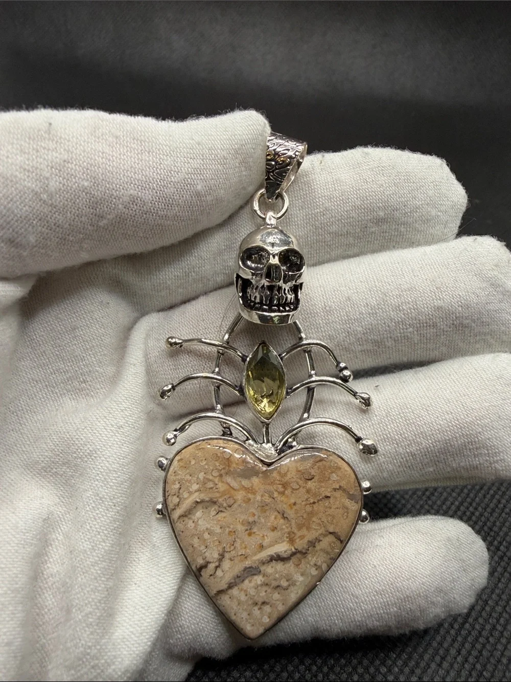 Sterling Silver Skull & Heart Pendant with Jasper and Citrine3.10”