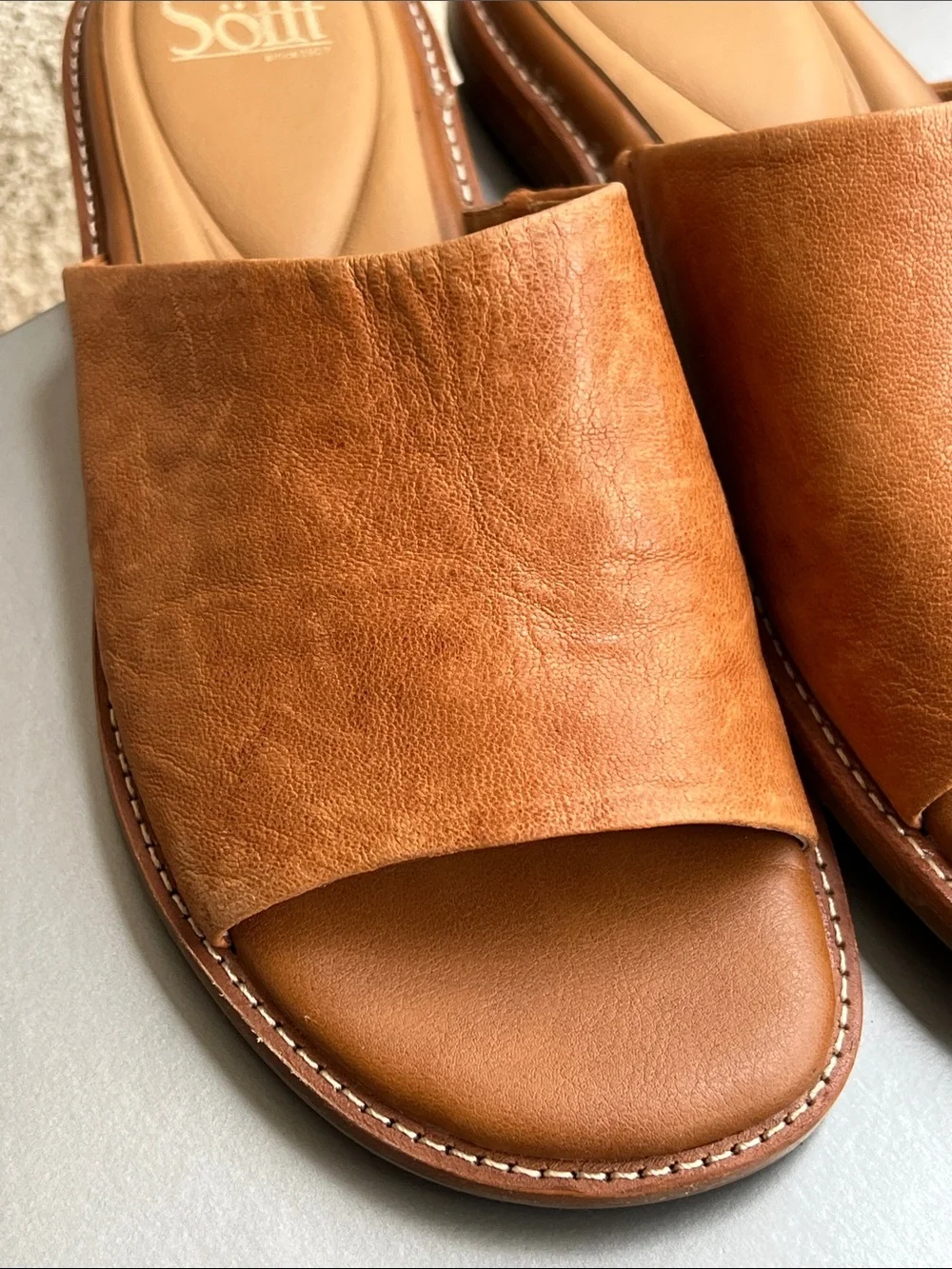 Sofft Tan Leather Slide Sandals