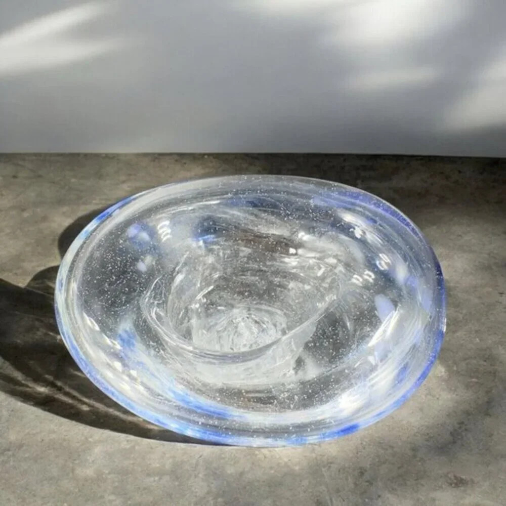 Vintage Hand Blown Art Glass Dish Bowl Clear With Blue Spots Hand Made Glass VTG