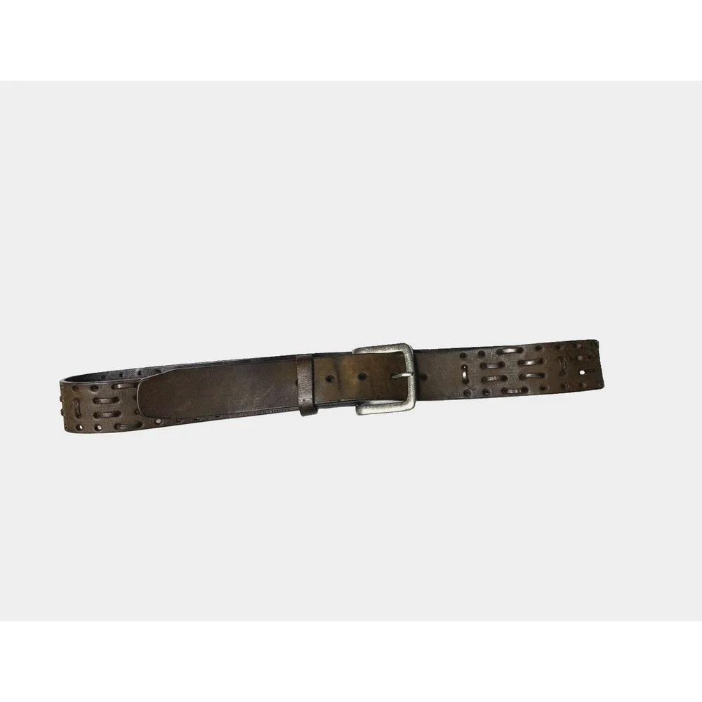 Vintage Mens Full Grain Leather Belt Size M 34 / 36 Brown Woven Detail Genuine