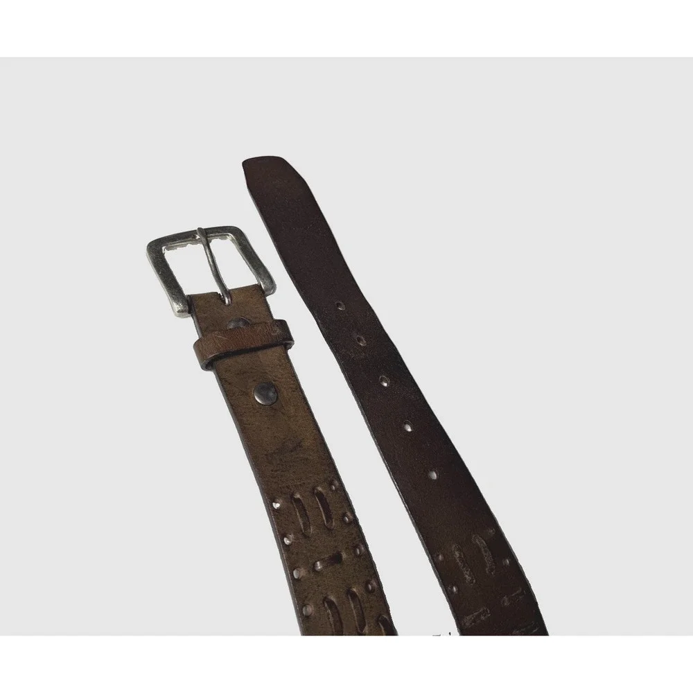 Vintage Mens Full Grain Leather Belt Size M 34 / 36 Brown Woven Detail Genuine