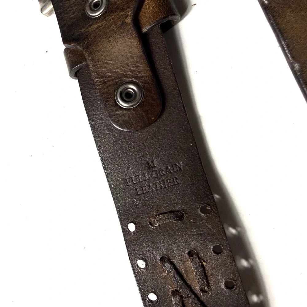 Vintage Mens Full Grain Leather Belt Size M 34 / 36 Brown Woven Detail Genuine