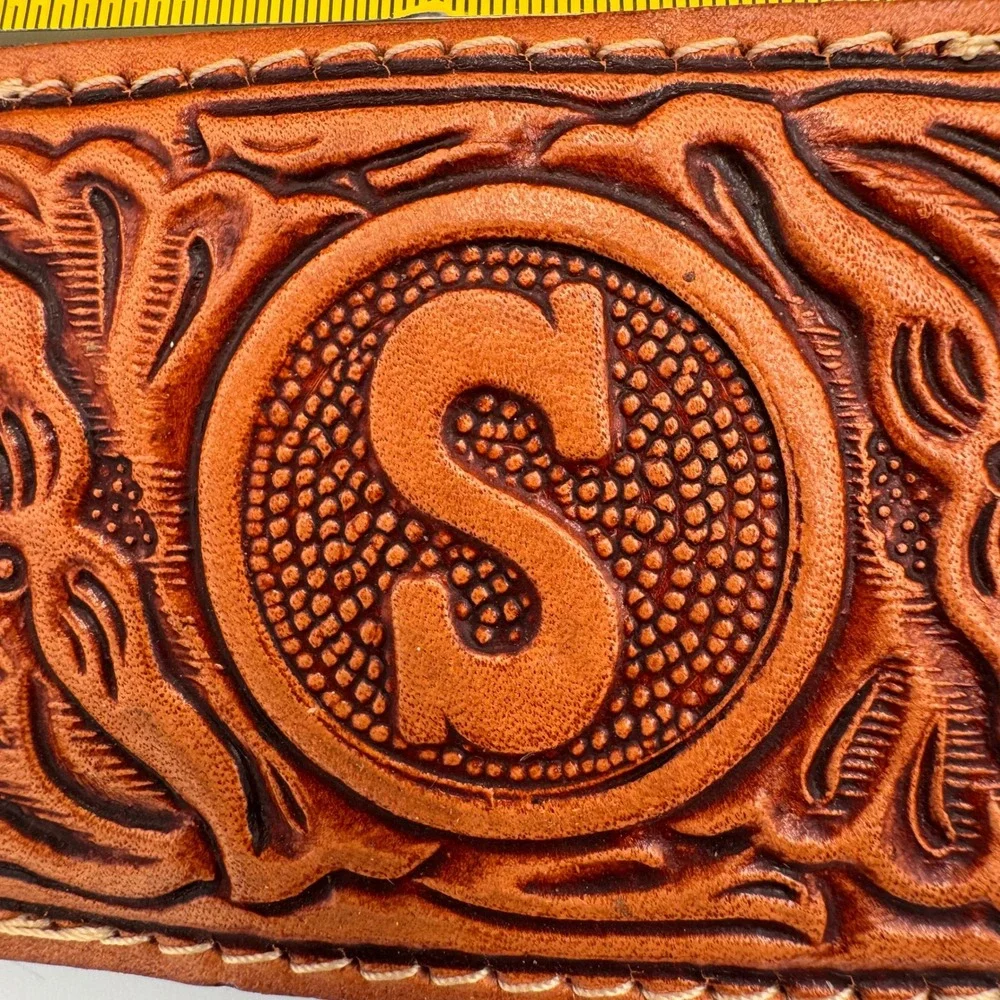 Vintage Hand Tooled Leather Belt Buckle Monogram Initial S Western Floral Tan