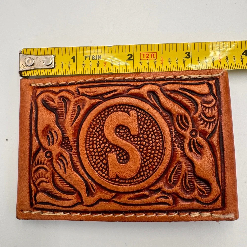 Vintage Hand Tooled Leather Belt Buckle Monogram Initial S Western Floral Tan