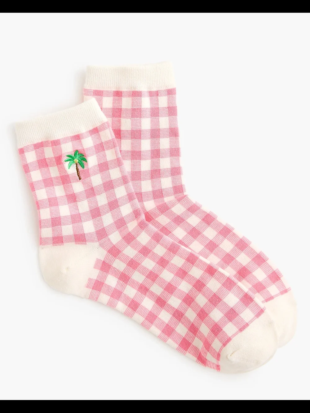 NWT J. Crew Embroidered Palm Tree Gingham Boot Socks One Size (Pink White)