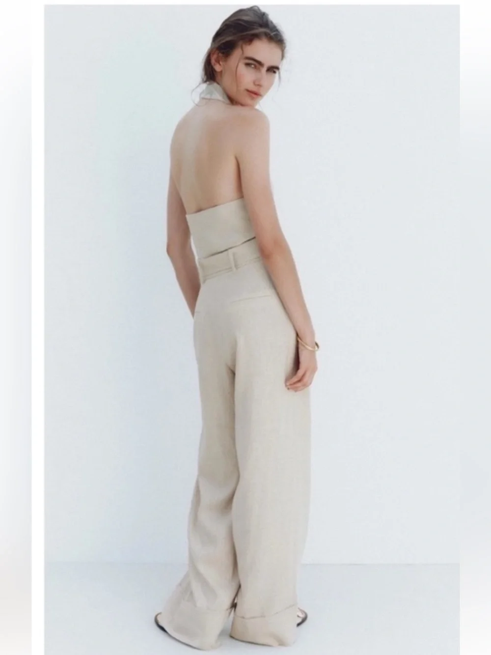Zara Cream Halter Collared Belted Wide-Leg Jumpsuit