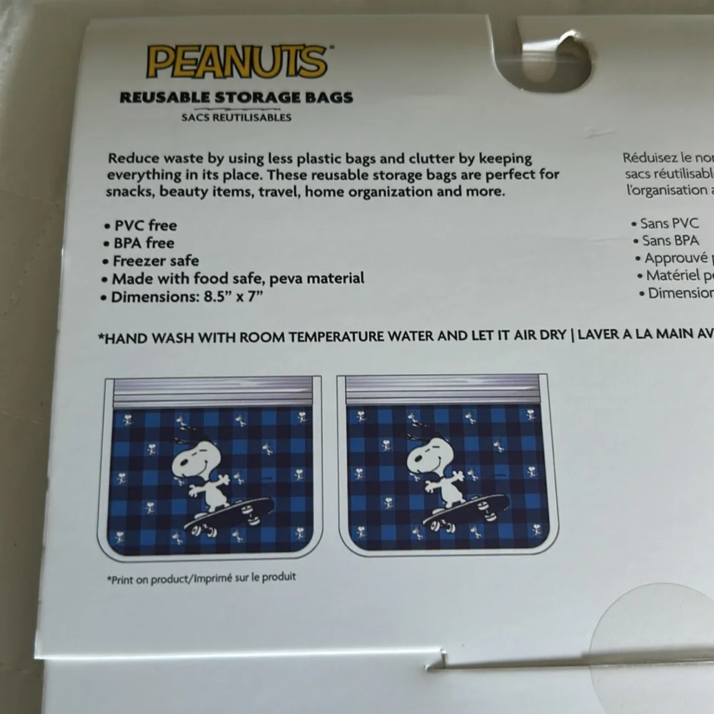 Peanuts Snoopy Reusable Food Storage Bags - Set of 2 (8.5 X 7) BPA & PVC FREE