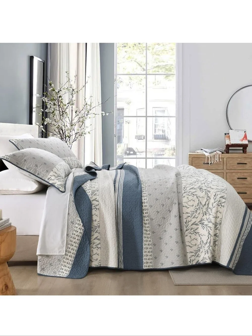 DDUOXIN 100% Cotton King Quilt - Modern Stripe Botanical Quilts 2 Pillow Shams