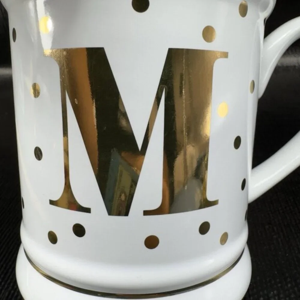 Pier 1 Imports Stoneware Coffee Mug Cup Monogram Letter M‎ White Gold Dots Mug