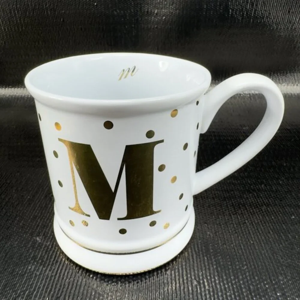 Pier 1 Imports Stoneware Coffee Mug Cup Monogram Letter M‎ White Gold Dots Mug
