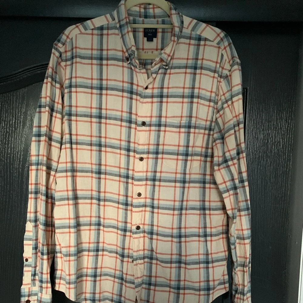J.Crew Homespun Plaid Shirt Mens L White Orange Blue Fall Harvest