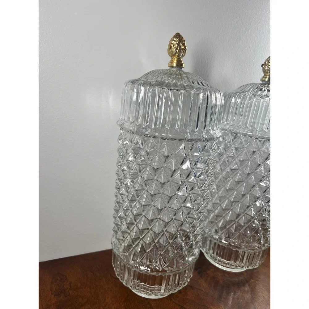 Vintage Lamp Shades Diamond Point Glass Mid Century Clear Gold Finial Pair 12