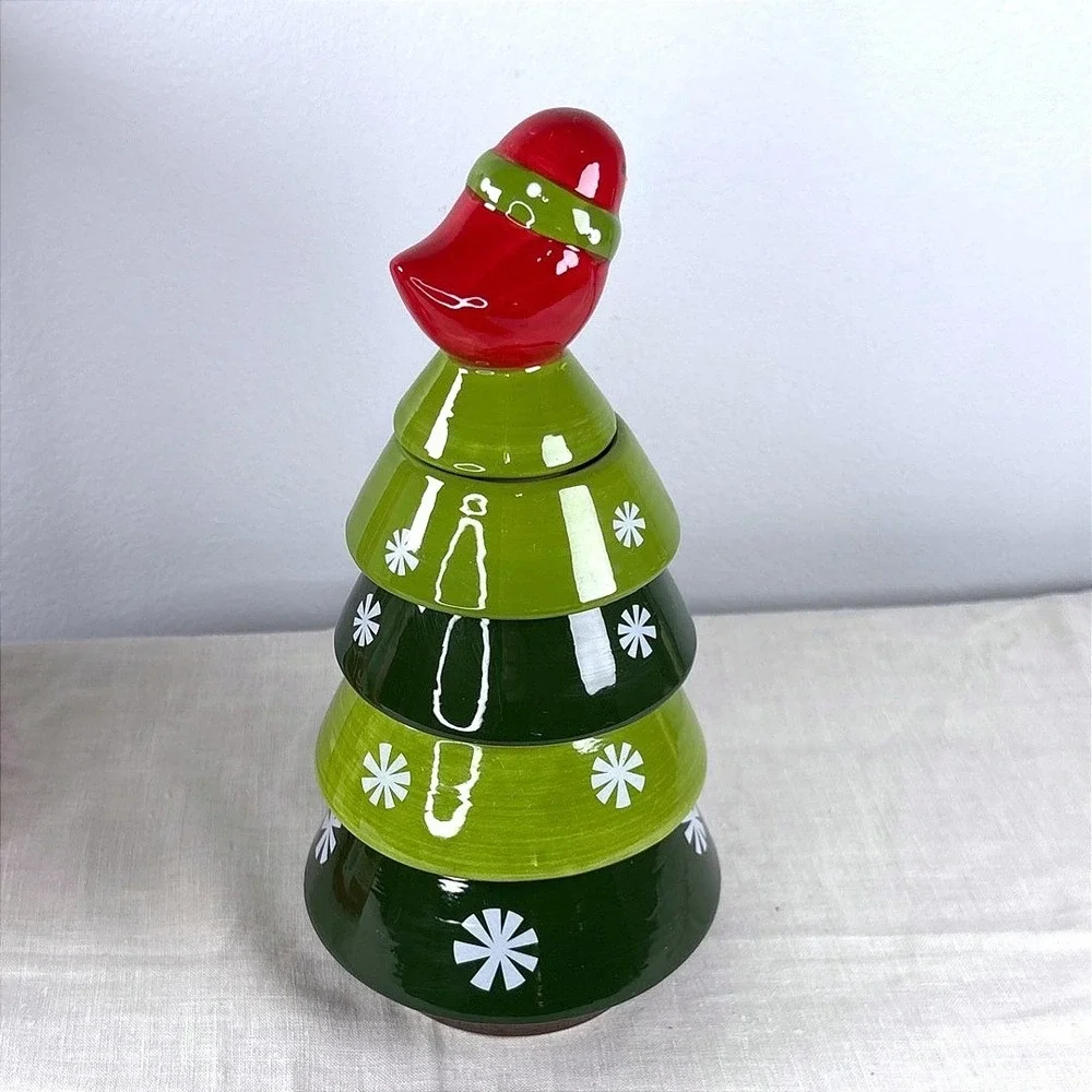 Pier 1 Christmas Tree Stacking Measuring Cups Set Red Cardinal Bird Green