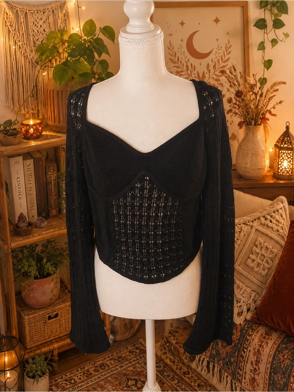 H&M Black Crochet Knit Tie-Back Long Sleeve Crop Top Size L