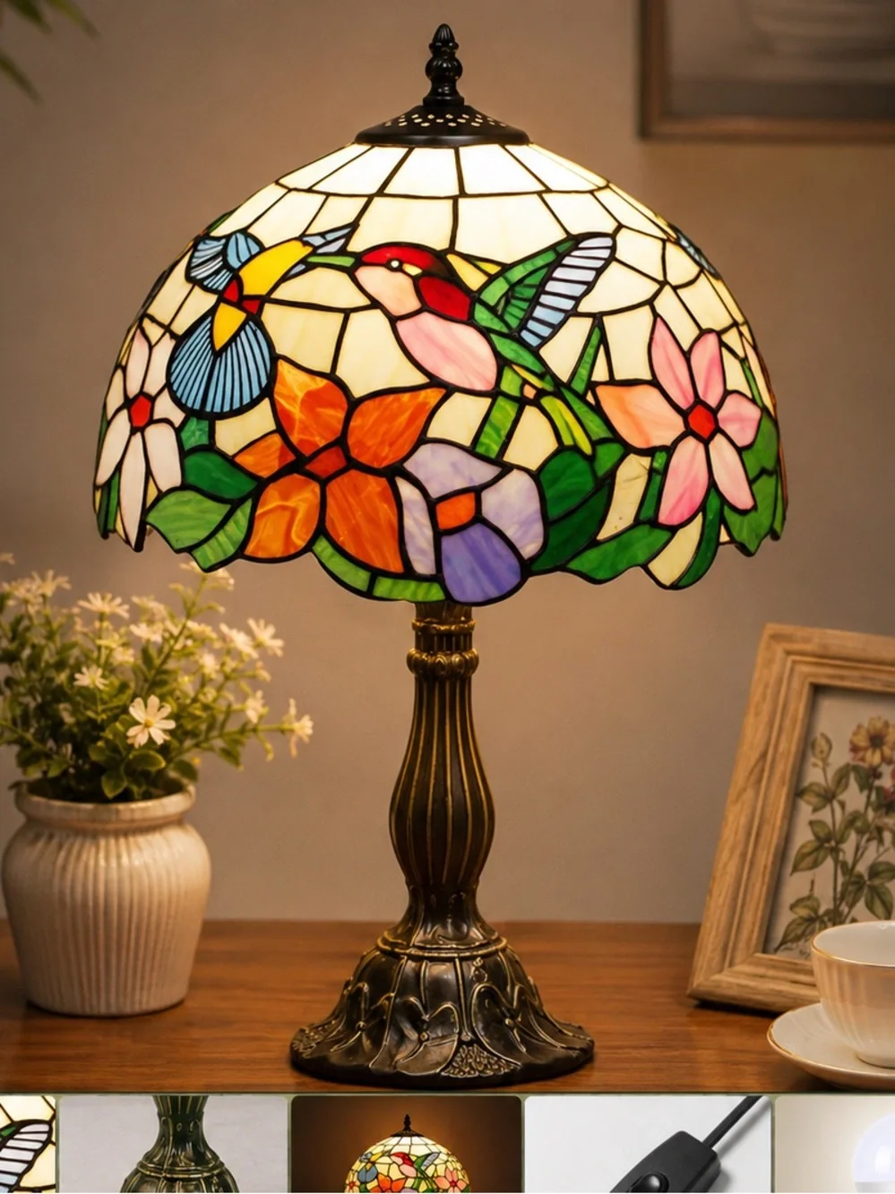 Tiffany Style Hummingbird Stained Glass Table Lamp Bedside Desk Lamp 18”