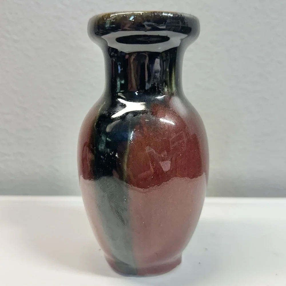 Vintage Studio Art Pottery Bud Vase Oxblood Red Black Drip Glaze 6
