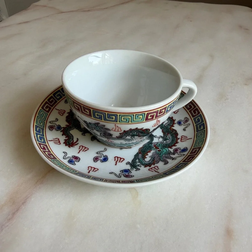 Vintage Chinese Porcelain Dragon Tea Cup and Saucer Set Jingdezhen Made in China