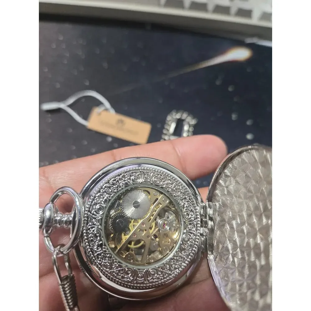VIGOROSO Mechanical Skeleton Pocket Watch Silver Roman Numeral Chain New