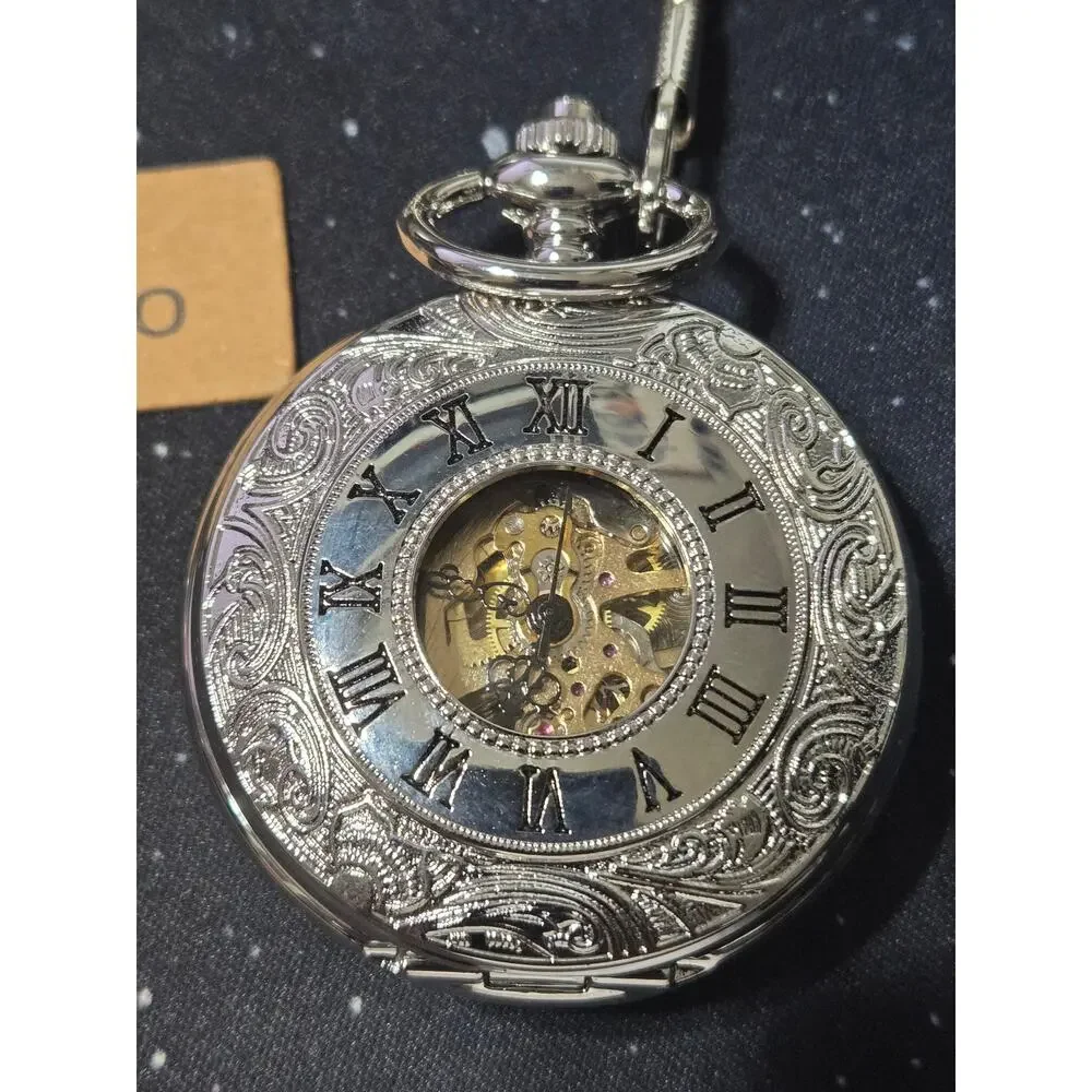 VIGOROSO Mechanical Skeleton Pocket Watch Silver Roman Numeral Chain New