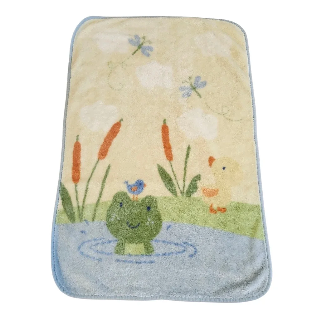Vintage Carter's Baby Blanket Frog Pond Duck Bird Blue Green Plush‎ Blanket