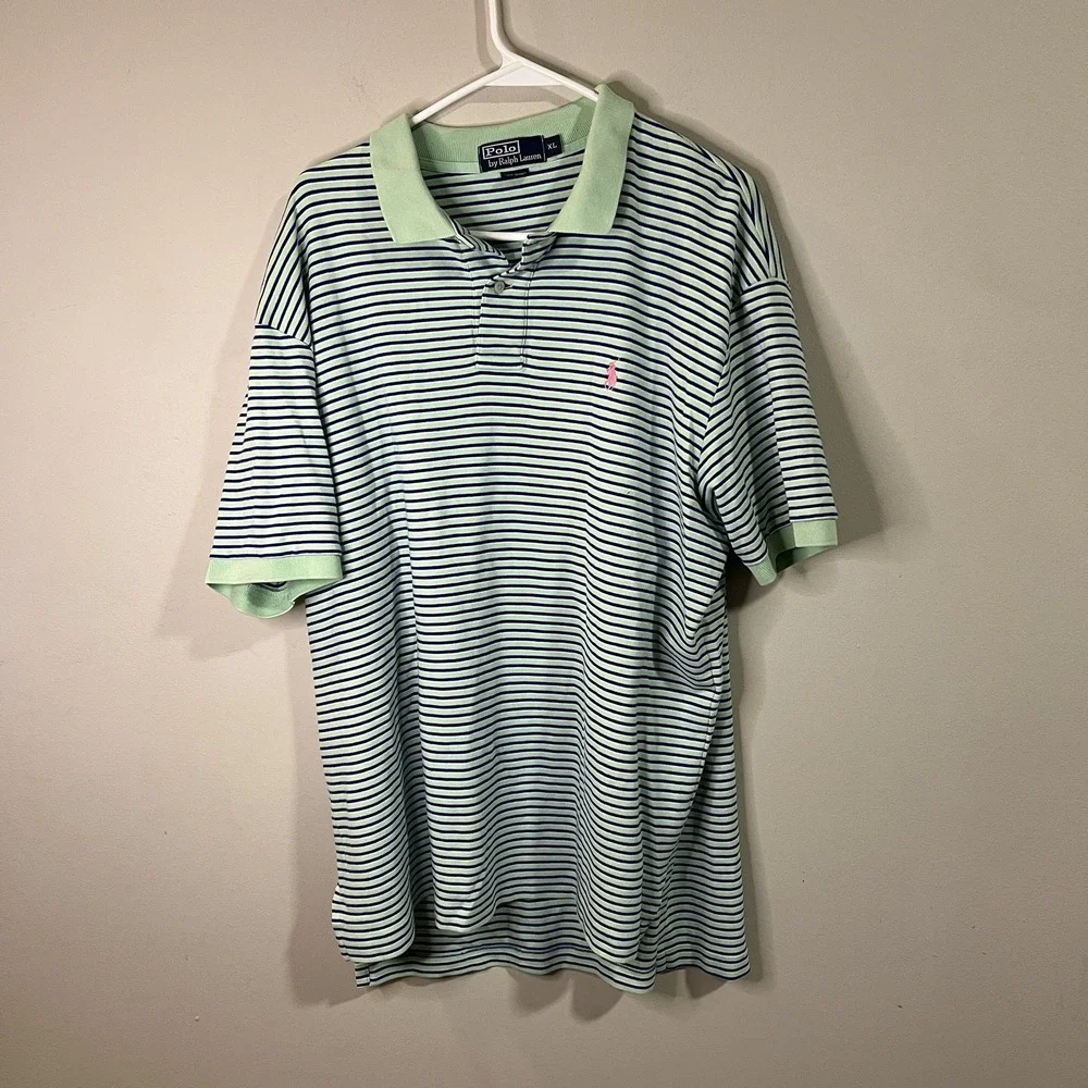 Polo Ralph Lauren T-Shirt Collar Blue‎ Green Striped Men Sz XL Horse Logo