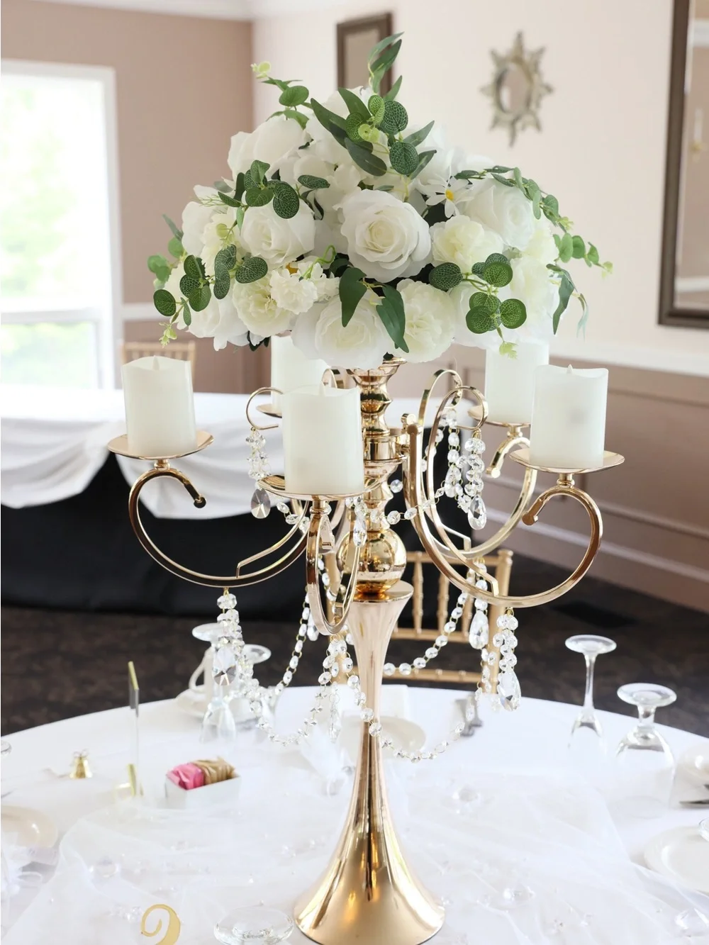 Elegant Gold Candelabra Centerpiece with White Floral Arrangement