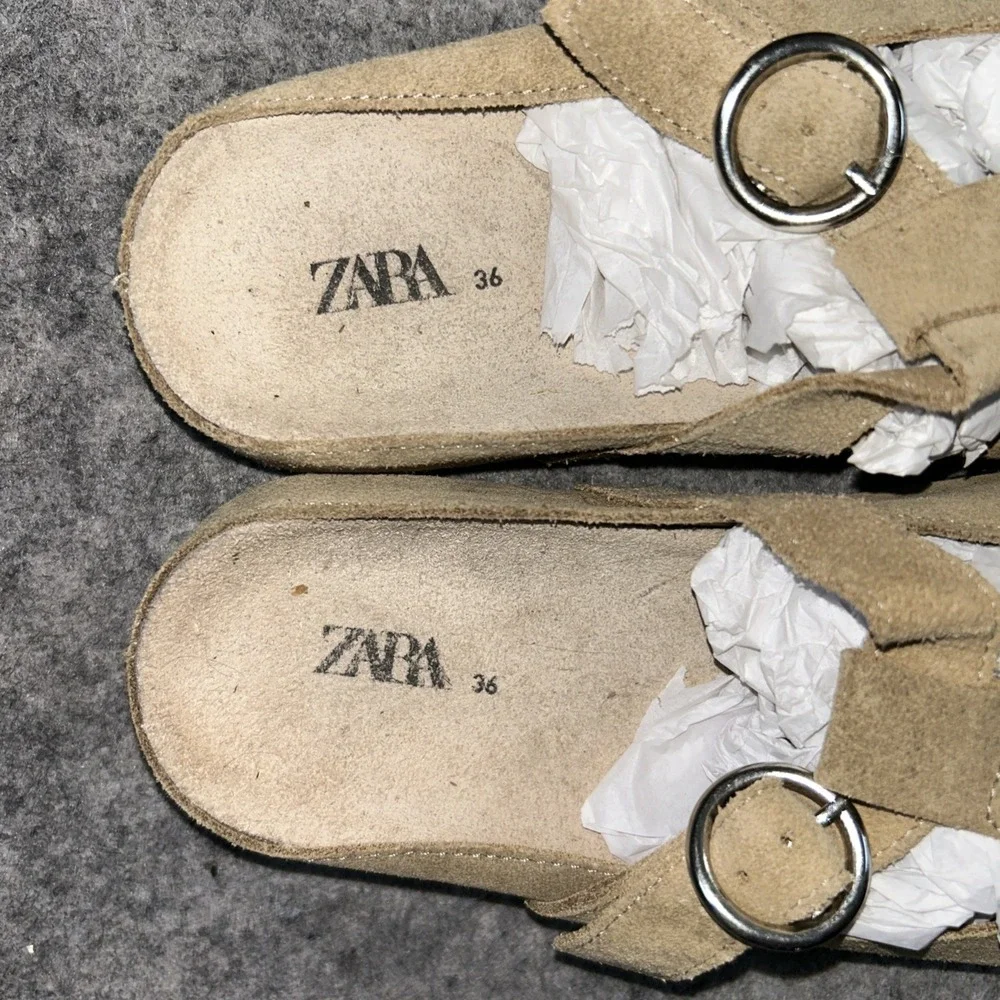 ZARA Kids Beige Suede Slip-On Clogs size 36/4 Leather Sliver Strap