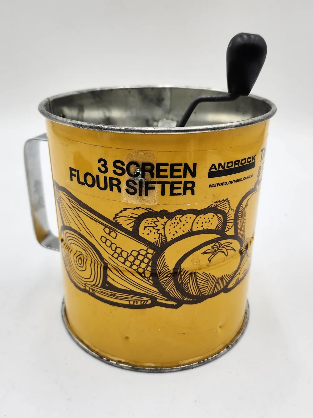 VINTAGE ANDROCK 3 SCREEN FLOUR SIFTER - YELLOW WITH VEGGIE DESIGN