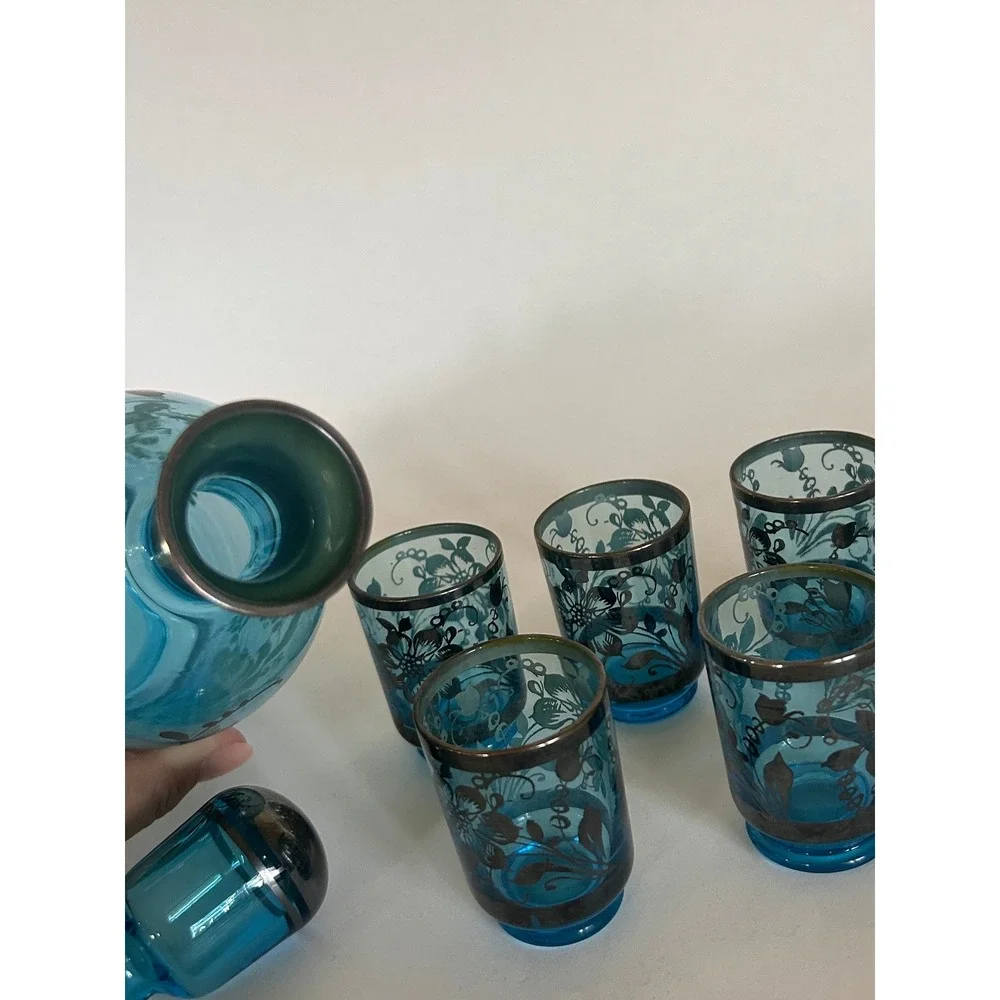 Vintage Murano Blue Art Glass Decanter 6 Shot Glasses Set Floral MCM