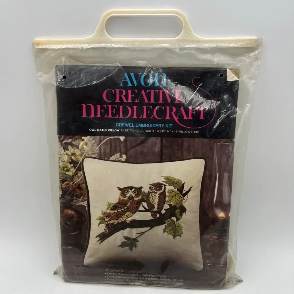 Vtg Avon Owl Mates Couple Pillow Crewel Embroidery Kit Love Birds 16x32 Zip 1974