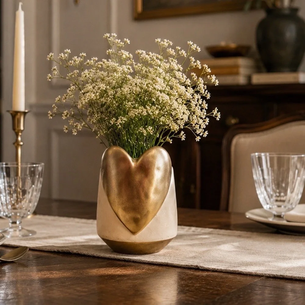 Burton + Burton White Ceramic‎ Vase with Gold Heart & Base 6.5 Inch