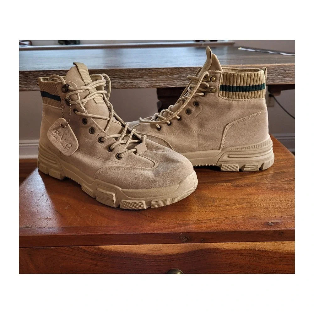 P.V.C Tan Suede Knit Collar Combat Boots Lug Sole Mens Size 43 Streetwear
