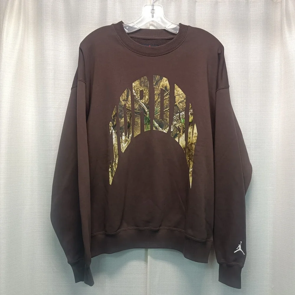 Jordan Brooklyn Mens S Brown Camo Graphic Crewneck Sweatshirt Fleece Pullover