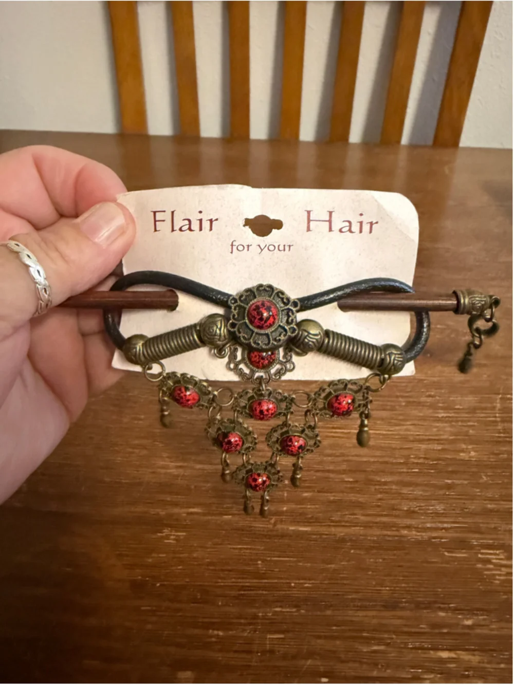 Vintage Flair For Your Hair Red Cabochon Hair Stick Antique Brass Tone Dangle Ha