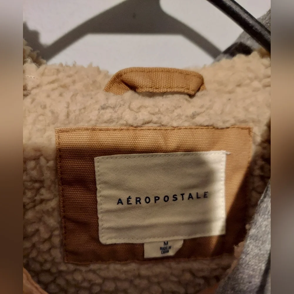 Aeropostale Mens Sherpa Lined Hooded Utility Jacket Size M Tan Workwear Gorpcore