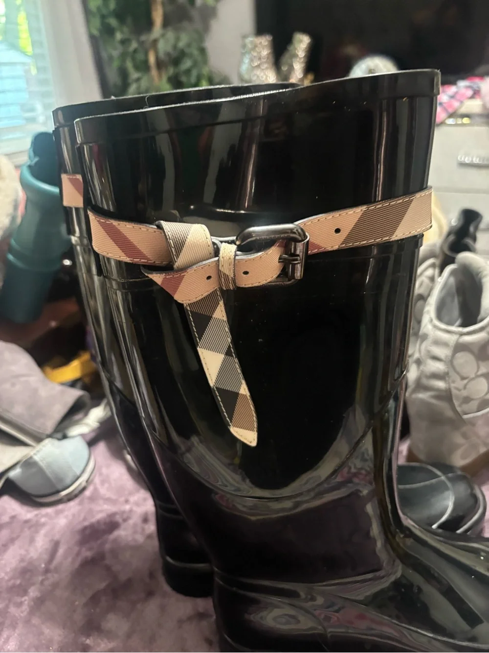 Burberry Black Glossy Rain Boots with Beige Check Strap