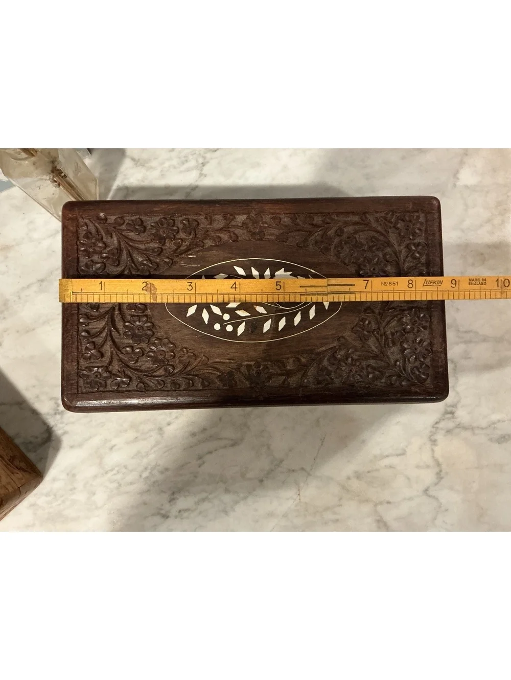 Vintage Indian Carved Wood Bone Inlay Box