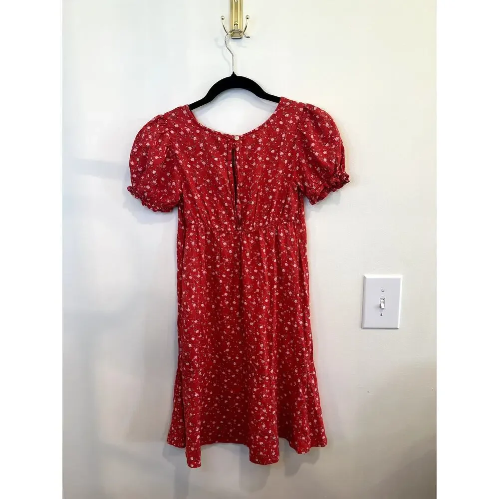 Old Navy Red Floral Puff Sleeve Mini Dress Girls XL 14/16 Cottagecore