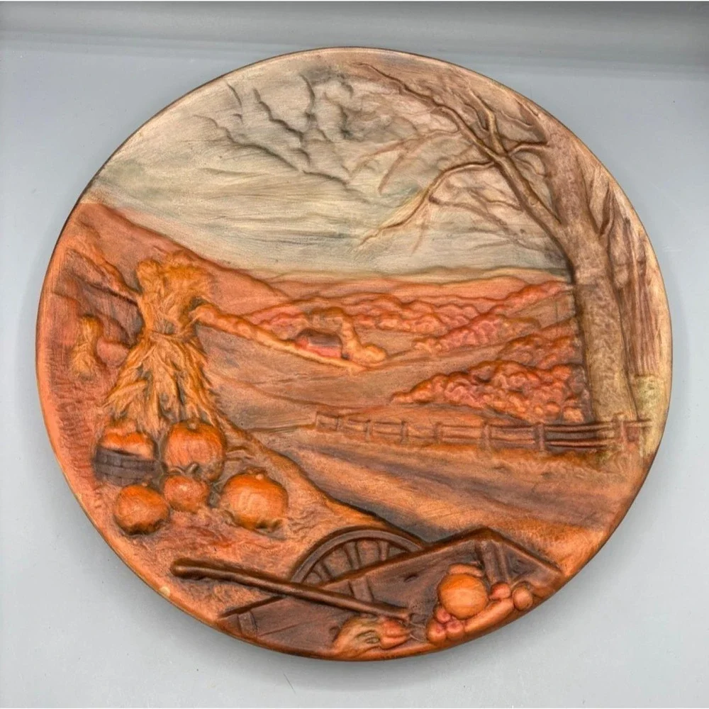 Vtg 2 Pc‎ Byron Mold Seasons Fall Hand Painted 3D Autumn Winter Scene Wall Decor