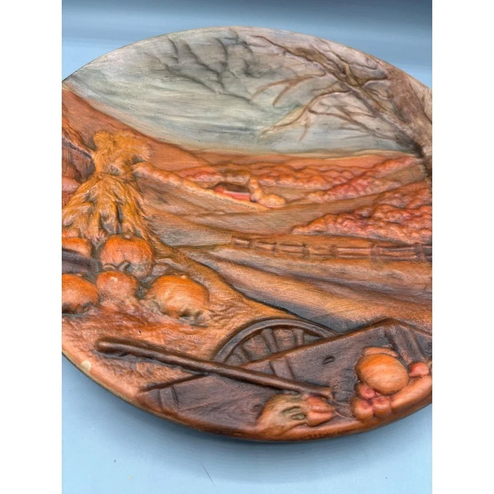 Vtg 2 Pc‎ Byron Mold Seasons Fall Hand Painted 3D Autumn Winter Scene Wall Decor