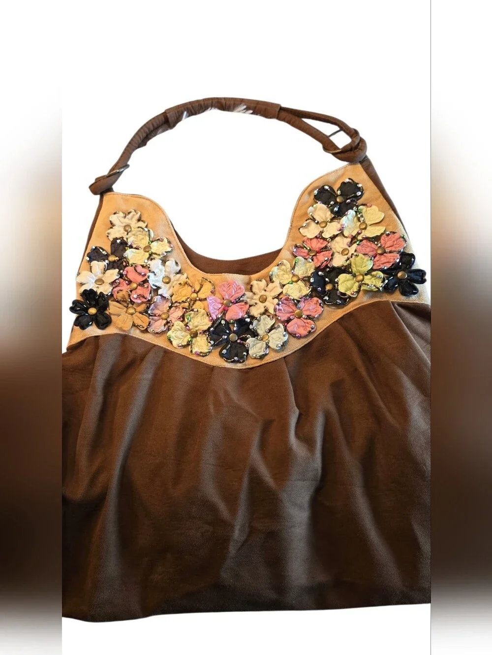 Suede Type Brown Boho bag with Floral Embellishments